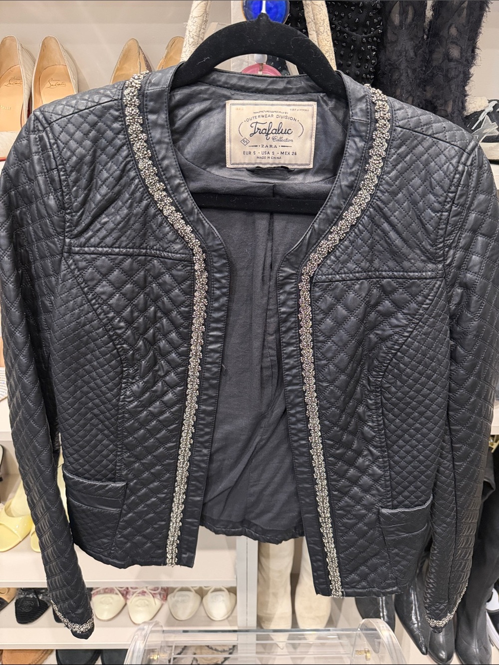 Zara Quilted Black Jacket with Silver Metallic Trim